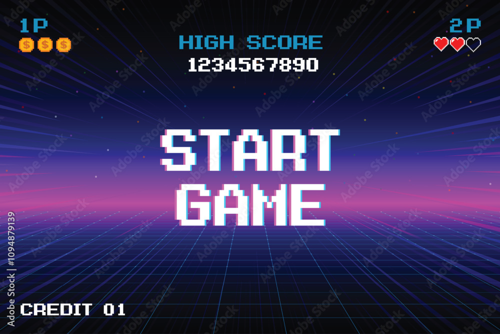 Fototapete start game. pixel art .8 bit game. retro futurism sci-fi background. glowing neon grid and star from