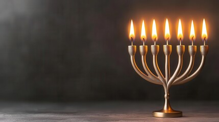 Fototapeta premium Elegant menorah with lit candles against a dark background.