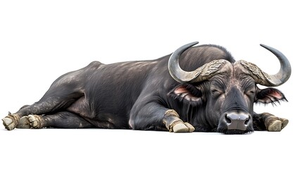 A buffalo lying down while chewing cud, appearing relaxed on a white background