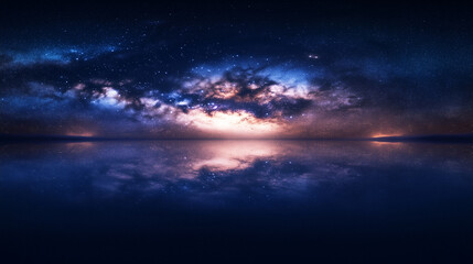 Fototapeta premium Magnificent Milky Way Galaxy Over Water Surface, Night Sky Background