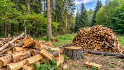 Stacked Logs and Tree Stump in a Forest Clearing