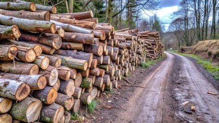 A winding dirt road through a forest lined with stacks of cut logs