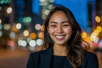 Obraz premium Confident Young Asian Businesswoman Smiling Outdoors with Modern Cityscape and Bokeh Lights in Evening Setting
