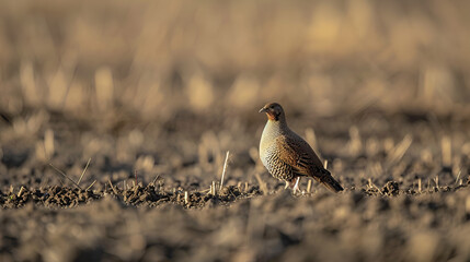 grey partridge on plowed field