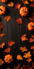 The artistic shot of small pumpkins and scattered leaves on a rustic wooden background, soft diffused lighting, highangle view, deep autumn colors, cozy, warm fall feel