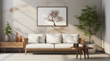 Bright and natural living room with a white sofa, wooden table, and potted plant. Marble wall art adds a sleek, minimalist feel.
