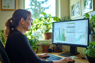 Focused woman working on data charts at a desktop computer in a home office surrounded by plants 