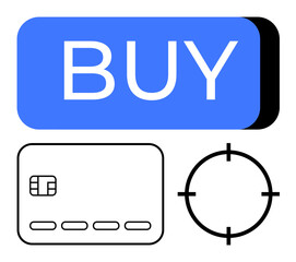 Large blue BUY button next to a black credit card and target icon. Ideal for e-commerce, online shopping, payment processing, digital transactions, retail marketing, financial technology, customer