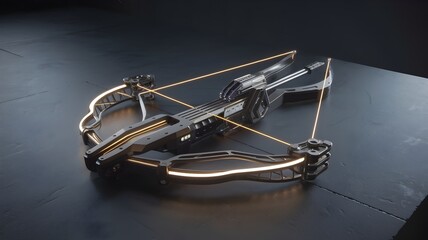 Futuristic archery bow with glowing lines on dark backdrop