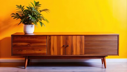 Mid-Century Modern Wooden Cabinet with Plant on Yellow Wall