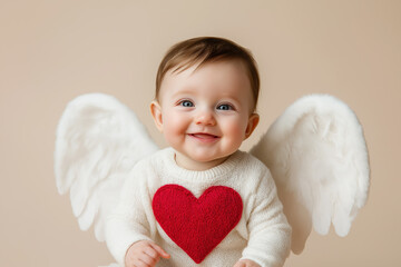 Smiling Baby with Angel Wings and Red Heart Sweater on Beige Background for Valentine’s Day Theme.
