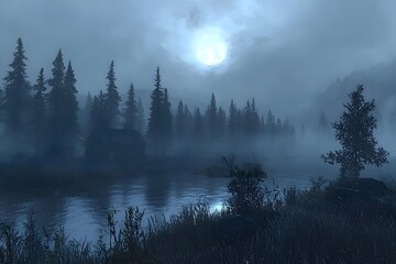 Fototapeta premium A tranquil scene featuring an eerie, misty landscape with silhouetted pine trees and a serene river, illuminated by a full moon's soft glow.