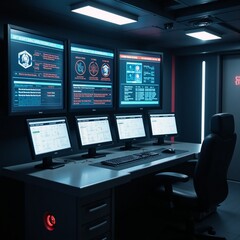 Naklejka premium Futuristic prison control room featuring glowing cybersecurity icons for network surveillance