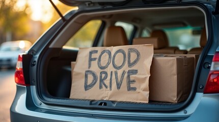 Fototapeta premium Food drive sign with donation boxes in a car trunk