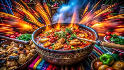 Captivating Long Exposure Capture of Pepián, a Traditional Guatemalan Dish, Showcasing the Rich Textures and Colors of Ingredients in a Culinary Masterpiece