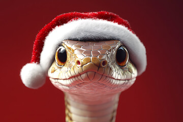 A humorous and festive image of a snake staring directly at the camera, wearing a Santa hat on its head, blending holiday cheer with a touch of playful charm.