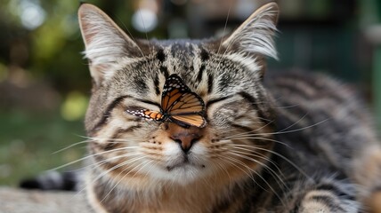 Cat&rsquo;s nose with butterfly resting on it in blurred greenery