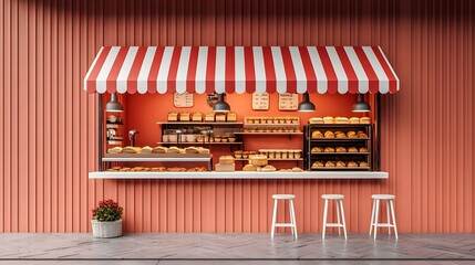 Modern red-white bakery kiosk with striped awning features display counter, stools, and detailed pastry shelving, presenting charming retail design in 3D illustration.