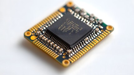 Detailed circuit board and microchip photographed on pristine white surface, highlighting technological precision and industrial components in clean composition.