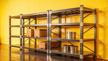 Fototapeta premium Metal Shelving Unit with Boxes and Cans Against a Yellow Wall