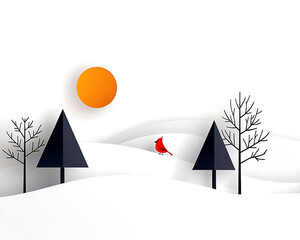 Winter holiday stock illustrations for postcards. minimalist winter scene featuring red bird, black trees, and bright orange sun. snowy landscape creates serene and peaceful atmosphere