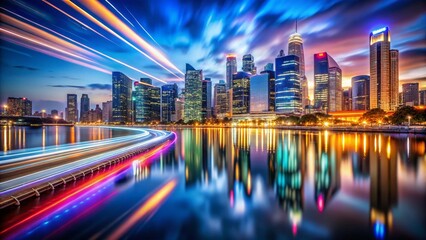 Obraz premium Captivating Long Exposure Night Photography of City Lights Reflecting on Water, Creating a Dreamy Atmosphere with Vibrant Colors and Soft Light Trails in High Definition Quality