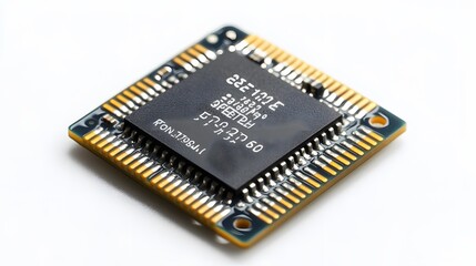 Detailed circuit board and microchip photographed on pristine white surface, highlighting technological precision and industrial components in clean composition.
