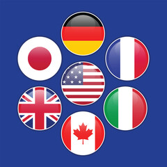 Flags of the G7 members. Round shiny flag icons with shadows underneath