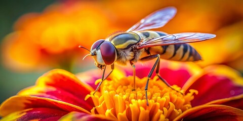 Captivating Long Exposure of a Macro Hoverfly on a Vibrant Marigold Flower Head (Syrphidae) Showcasing Nature's Intricate Beauty and Details in a Dreamy Atmosphere