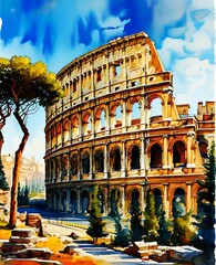 Timeless Rome: Watercolor View of the Colosseum and Ancient Ruins