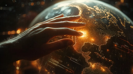 Digital planet Earth surrounded by futuristic data and technology elements, a hand touching the digital globe with a holographic interface