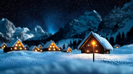 Fototapeta premium Winter holiday stock illustrations for postcards. serene snowy mountain village with cozy cabins illuminated at night, surrounded by majestic peaks and starry sky, creating peaceful winter atmosphere