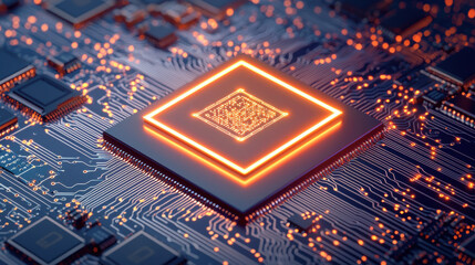 glowing neon microchip on circuit board, showcasing intricate details and vibrant colors. This captures essence of modern technology and innovation
