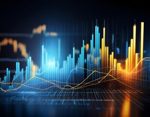 financial chart with blue and yellow trend lines, bar graphs