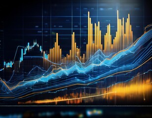financial chart with blue and yellow trend lines, bar graphs