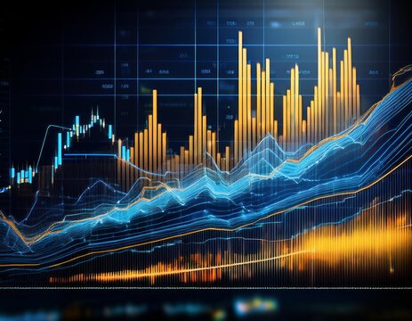 financial chart with blue and yellow trend lines, bar graphs - Powered by Adobe