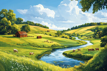 A lakeside scene surrounded by dense fir forests, with a clear sky and the calm waters reflecting the bright sunlight