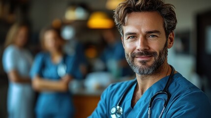 Fototapeta premium Friendly Male Doctor with a Warm Smile in Scrubs