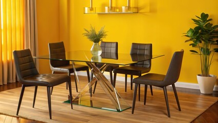 Modern Glass Dining Table with Leather Chairs in a Yellow Room
