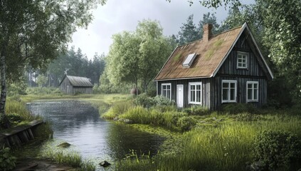 Obraz premium Traditional Wooden House with White Windows on the Edge of an Ancient Pond in a Baltic Environment