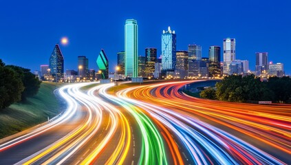 Fototapeta premium Wide-angle night view of city skyline with neon-lit urban streets