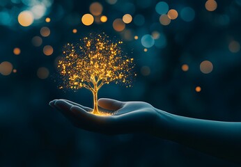  Hand holding a glowing tree of life with blue lights on a dark background, symbolizing business and technology, with copy space available.
