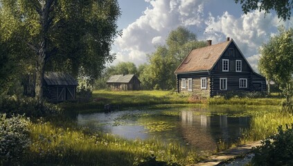 Fototapeta premium Traditional Wooden House with White Windows on the Edge of an Ancient Pond in a Baltic Environment