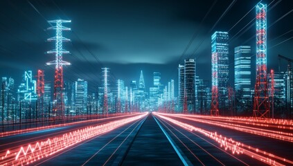 Stock market graph with red and blue lines, set against electric power grid or city at night