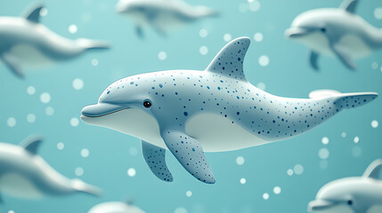 Fototapeta premium On a pastel blue background, small silhouettes of dolphins are arranged in a pattern