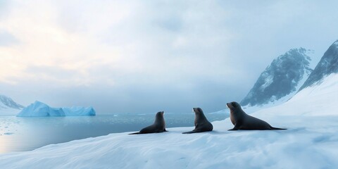 Fototapeta premium Three seals are sitting on the snow near the water. The scene is peaceful and serene, with the snow-covered mountains in the background