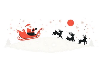 Christmas card design featuring a cute line drawing of Santa Claus flying in his sleigh with reindeer and Christmas trees