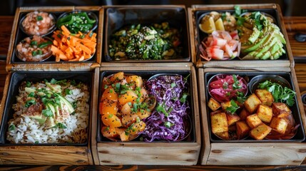 A vibrant bento box featuring assorted vegetables, rice, and protein options.