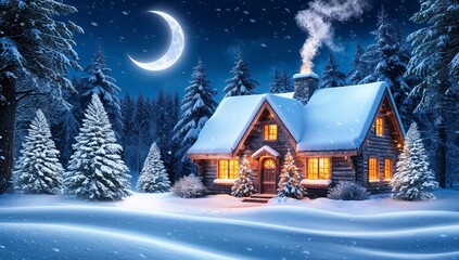 Winter wonderland with wooden cabin in the snow landscape. Night scene with a peaceful and cozy atmosphere