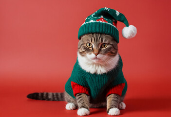 Funny Christmas cat in green winter hat and sweater on a red background